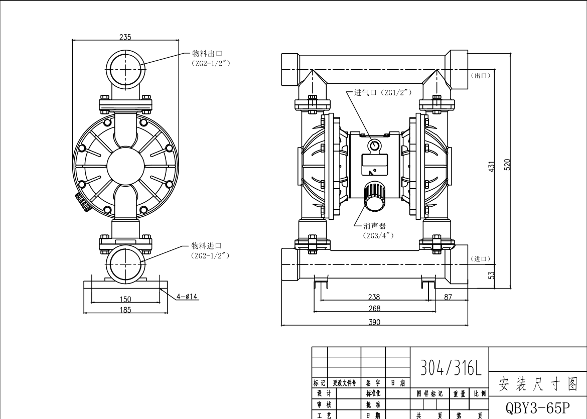 QBY3-65不銹鋼316L氣動隔膜泵-尺寸